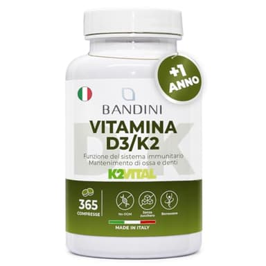 Bandini® Vitamina D3 K2 | 365 COMPRESSE (12 Mesi) | Vitamina D 2000 UI + 200 mcg Vitamin K | Vitamine MK-7 99% All Trans (K2VITAL®) | Per Ossa, Denti, Muscoli, Articolazioni & Sistema Immunitario
