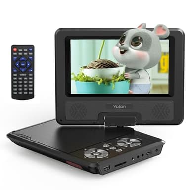 YOTON Lettore DVD portatile da 9,5" per bambini con schermo girevole HD da 7,5", con altoparlante stereo, 1.8m Caricatore per Auto, scheda Sync TV/USB/SD [Blu-ray non supportata]