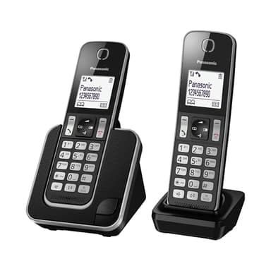 Panasonic KX-TGD312JTB Telefono Cordless Digitale, Unità Base e 2 Ricevitori, Display LCD Bianco, Vivavoce, ID Chiamante, Blocco Chiamate Indesiderate, Modalità Eco Plus, Sicurezza DECT, Nero
