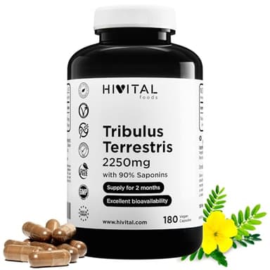 Tribulus Terrestris 2250 mg. 180 capsule vegane per 2 mesi di trattamento. Estratto Naturale con il 90% di saponine ad alto principio attivo. Prodotto in Europa da HIVITAL
