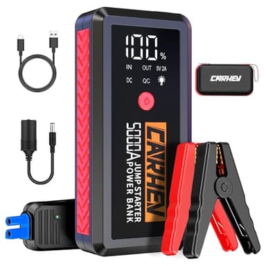 CARHEV Avviatore Batteria Auto, 5000A Avviatore di Emergenza per Auto (Fino a 8.0L Benzina/8.0L Diesel), 12V Booster Avviamento Auto con Grande Display LCD e Torcia LED, Uscita USB Rapida