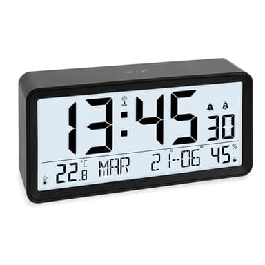 ADE Sveglia digitale radiocontrollata con cifre XXL | Orologio da tavolo con calendario | visualizzazione della temperatura e dell'umidità | 2 orari di sveglia e funzione snooze | nero