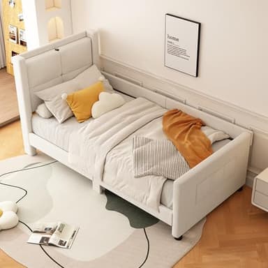Rtopsu Divano Letto Imbottito Letto Singolo 90x200 cm con USB Tipo C, Struttura Letto per Ragazzi con Testiera e Rete a Doghe in Legno, Letto per Bambini, Cotone e Lino, Beige, Senza Materasso