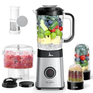 Sangcon Frullatori da Cucina e Robot da Cucina Combo, Frullatore 5 in 1 per Frullati e Carne Macinata, Controllo a 3 Velocità con Impulsi 500 W, con coperchio TO-Go, per Ghiaccio, Frutta, Carne