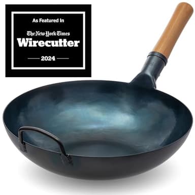 YOSUKATA Wok Padella Professionale 34 cm- Tradizionale Wok Acciaio al Carbonio Fondo Piatto Precondizionato -Wok Cinese Originale -Blu Pentola Wok - Adatto a Gas, Induzione, Elettrico e Fuoco Aperto