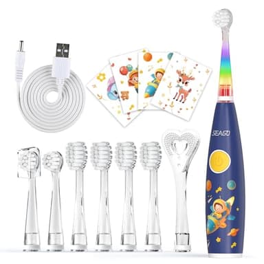 Seago Spazzolino Elettrico per Bambini con 8 Testine Morbide, LED Colorato, Timer 2 Minuti, Ricaricabile, 60 Giorni di Autonomia, Con Adesivi e Spazzolino per Lingua, Adatto 0-6 Anni SG-2159 Blu