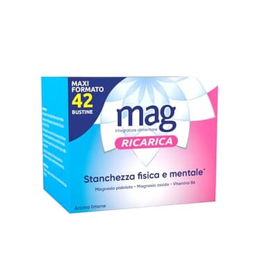 Mag Ricarica, Integratore Alimentare A base di Magnesio Pidolato, Magnesio Ossido e Vitamina B6 Contro la Stanchezza Mentale e Fisica, Senza Glutine e Senza Lattosio, 42 Bustine Aroma Limone