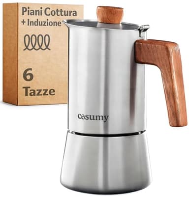Cosumy Caffettiera Induzione Moka 300ml - Tutti gli tipi di fornelli - 6 Tazze - in Acciaio Inox e Quercia Sostenibile - Manico Anti Scottatura - Express Caffettiera