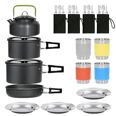 Pentole da campeggio (Kettle, padella e doppia pentola, stoviglie da esterno pieghevoli, kit per quattro persone, fornello portatile per picnic e viaggi, set di attrezzature per escursioni in squadra