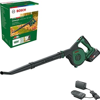 Bosch Soffiatore universale per foglie per casa e giardino, senza fili, 18 V-130 (per una pulizia rapida e facile, sistema a 18 Volt, 1 batteria da 2,5 Ah e caricabatterie)