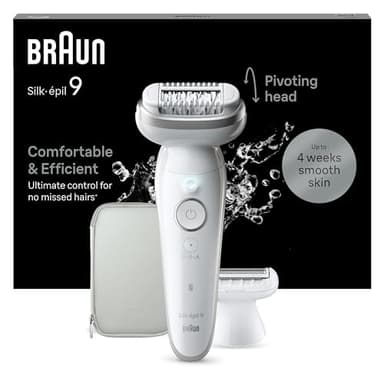 Braun Silk-épil 9 Epilatore Elettrico Donna Con Testina Flessibile, Wet & Dry, Pelle Liscia a Lungo, Con Testina Per Rasoio Elettrico Donna e Cappuccio Rifinitore, 9-041, Bianco/Argento