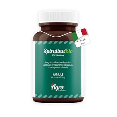 AGROINIZIATIVE SPIRULINA BIO 100 Cps Alga Spirulina Pura 100% 500 Mg Senza Glutine e Iodio Integratore Spirulina Concentrata Ricca di Ficocianina Ferro Omega 6 Spirulina Biologica PRODOTTA IN ITALIA