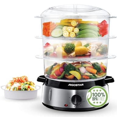 Aigostar Fitfoodie 30INA - Vaporiera Elettrica in Acciaio Inox, con Timer, 9 L Vaporiera, 3 Cestini, 800W, BPA Free Fornetti a Vapore