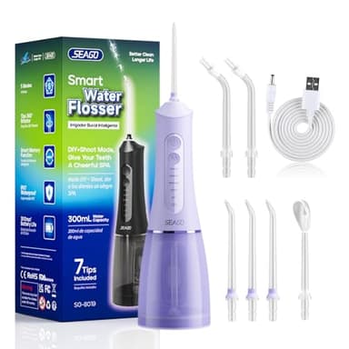 Seago Idropulsore Dentale Professionale con 5 Modalità Personalizzabili, 7 Testine e Serbatoio da 300ml, 30 Giorni di Autonomia,IPX7 Water Flosser Portatile da viaggio e casa SG-8019 Viola