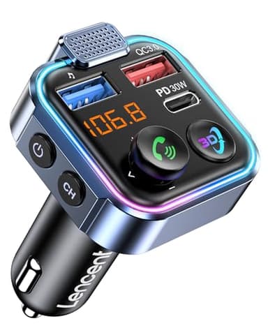 LENCENT Trasmettitore FM Bluetooth 5.3, MP3 Lettore Musicale Stereo per Auto con Chiamate in Vivavoce, Adattatore Autoradio, Ricarica Rapida QC3.0 & Tipo C 30W, Supporta Memoria USB, Luce a Colori