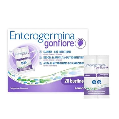 Enterogermina Gonfiore, Fermenti Lattici Probiotici, Prebiotici per Adulti - Integratori con Enzimi Digestivi ed Estratti Vegetali contro Pancia Gonfia e Gonfiore Addominale (28 Bustine Gusto Pesca)