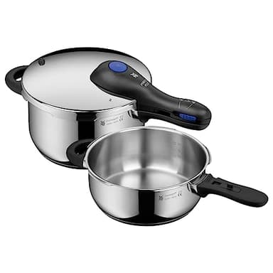 WMF Perfect Plus - Set di pentole a pressione a induzione, 2 pezzi, 4,5 l + 3 l, grande segnale di cottura, 2 livelli di cottura, manico con coperchio rimovibile