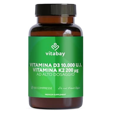 Vitabay Vitamina D3 K2 10000 UI e 200 mcg - 180 Compresse di Colecalciferolo da Germe di Grano Vegane ad Alto Dosaggio - Vitamina D3 K2 All-Trans 99,99% - Rilascio Prolungato e Testato in Laboratorio