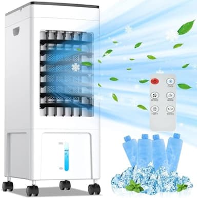 SHAVINGFUN Condizionatore Portatile,Condizionatore D'aria Mobile 4 in 1,Ventilatore con Ghiaccio,Serbatoio 8 L,Raffreddatore Evaporativo Silenzioso,Timer 8 H,4 Modalità y 3 Velocità,Ruote,Telecomando