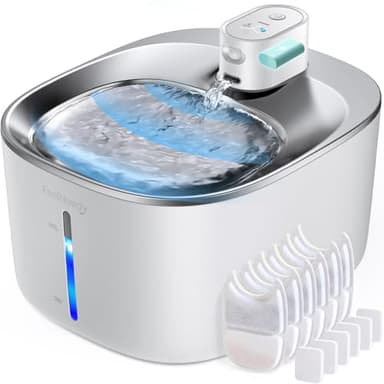 Fontanella per Gatti Senza Fili Acciaio A Batteria Con Sensore Di Movimento, FEELNEEDY 4 Litri Fontana d'Acqua Fresca Senza Corrente, Silenziosa, 4000mah, Con 6 Filtri e 12 Spugne