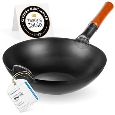 YOSUKATA Wok Padella Professionale 34 cm- Tradizionale Wok Acciaio al Carbonio Fondo Piatto Precondizionato -Wok Cinese Originale -Nero Pentola Wok - Adatto a Gas, Induzione, Elettrico e Fuoco Aperto