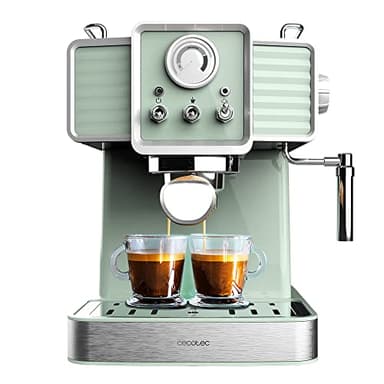 Cecotec Caffettiera Express Power Espresso 20 Tradizionale Light Green 1350 W, Espresso e Cappucicno, 20 Bar e Thermoblock, Vaporizzatore, Manometro, Design Vintage, Capacità 1,5 Litri