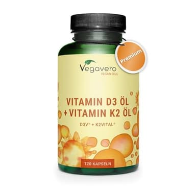 Vitamina D3 + K2 MK7 | VEGAN | Vitamine di Marca dall’Europa | K2 >99% all-trans MK-7 K2VITAL® | Alta Biodisponibilità | per Ossa, Denti e Sistema Immunitario | Cruelty Free | Vegavero®