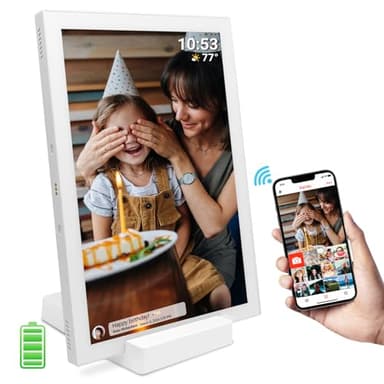 Frameo - Cornice digitale da 10,1 pollici, 5000 mAh, alimentata a batteria, WiFi, 32 GB, HD, IPS, touch screen con caricatore senza fili, rotazione automatica, condivisione istantanea di foto/video