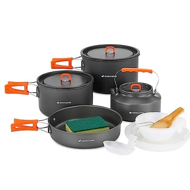 Odoland Set di Pentole da Campeggio 15 Pezzi per 1-5 Persone, Kit di Cucina per Campeggio con 2 Pentole,1 Padella e 1 Bollitore, per Campeggio Trekking Escursioni Cucina Outdoor e Picnic