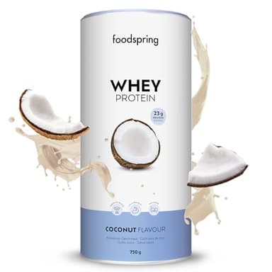 foodspring - Proteine Whey in polvere Cocco - Con 23 g di proteine per l'aumento muscolare, perfetta solubilità, ultra-filtrate & ricche di BCAA ed EAA - gusto pieno e delizioso (750 g)