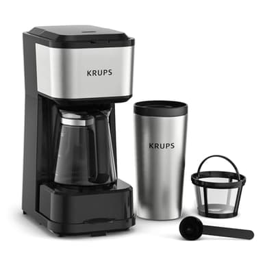 Krups Simply Brew Caffettiera con filtro 3 in 1, 3 opzioni di erogazione, Caffè Americano, caraffa in vetro resistente al calore, tazza da viaggio in acciaio inossidabile a doppia parete, KM207D