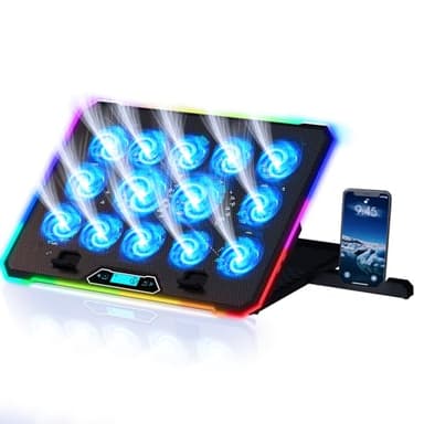 KLIM V14 Base di raffreddamento da Gaming per Notebook con 14 ventole + Nuovo 2024 + Stabile supporto RGB con ventole per portatile + Compatibile fino a 17" + 2 porte USB + Supporto per telefono