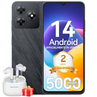 Blackview WAVE 8C Android 14 Smartphone, Octa-Core, 6GB+64GB/2TB, 6.56" HD+Schermo, 5000mAh/10W, 13MP+8MP Telefono Cellulari, Cover Inclusa, Face ID/4G Dual SIM/GPS/Tipo-C/3.5mm Jack/Nero