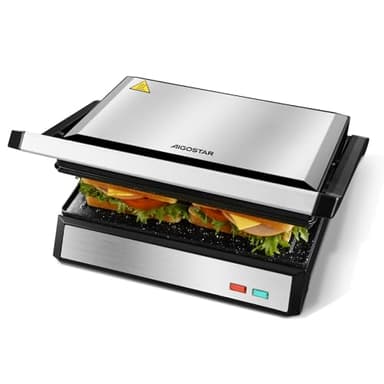 Aigostar Hett pro - Panini Maker/Tostapane Piastra, Rivestimento Antiaderente Eco Stone, Vassoio Raccogli Grasso, Pressa a sandwich, Bistecchiera Elettrica, 1500 Watt, Apertura a 180º.