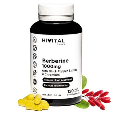 Berberina 1000 mg. 120 capsule vegane per 2 mesi di trattamento. Estratto naturale di Berberis Vulgaris con Cromo e Pepe Nero per migliorarne l'assorbimento. Prodotto in Europa da HIVITAL