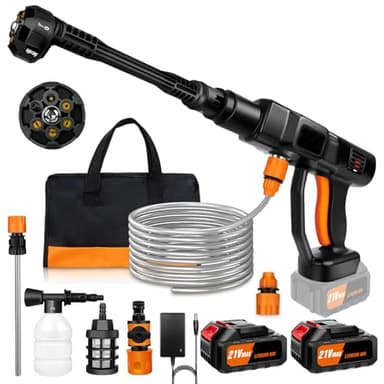 Idropulitrice a Batteria 652PSI, Idropulitrice Elettrica portatile con 2 Batterie Ricaricabile,6 in 1 Ugello,Tubo da 5M,Vaso di schiuma, Borsa da trasporto, Idropulitrice Senza Fili per Auto Giardino