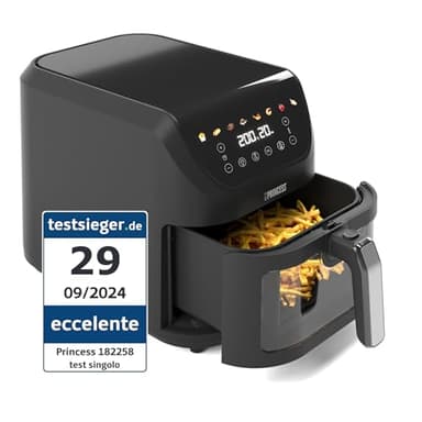 Princess SlimFry Aerofryer 8 L, salvaspazio, tecnologia di cottura senza grassi, 8 programmi, finestra di visualizzazione trasparente, potente (2000 W) e silenzioso (55 db), nero, 01.182258.01.001