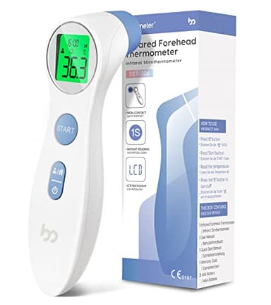 Termometro frontale a infrarossi contactless per neonati adulti, digitale, 2 in 1 a lettura immediata, allarme febbre, display LCD, richiamo memoria con ora esatta, bianco