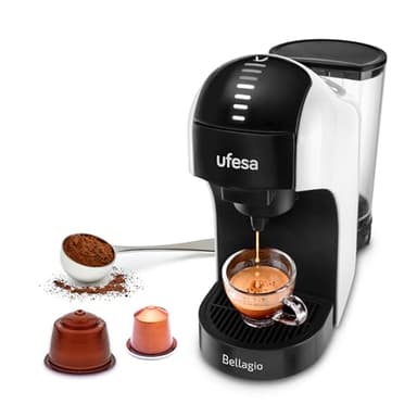 Ufesa Bellagio Multicapsula 3 in 1, Macchina Caffè Capsule, Macchina Caffe Macinato, Pannello Digitale Tattile con 7 livelli, Serbatoio 1 L, 1400 W, Bianca