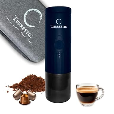 Terrestic Dose Macchina Caffè Espresso Portatile Elettrica + Custodia Protettiva da Viaggio Rigida - per Caffè in Polvere e capsule Nespresso, A batteria e ricarica con USB-C, Auto, Camping,Ufficio