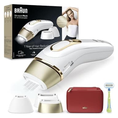 Braun Silk·expert Pro 5 Epilatore LUCE PULSATA, Epilazione A Casa, Alternativa All’Epilazione laser, Con Custodia, Rasoio Donna Venus, 3 Testine, Idea Regalo, Bianco/Oro, PL5262
