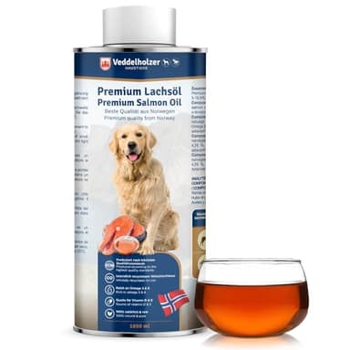 Veddelholzer Salmon Oil per Cani 1 litro in lattina riciclabile Ideale per la cura del pelo Buono per le ossa e il sistema immunitario Con acidi grassi omega3 e vitamina E Olio di pesce sostenibile