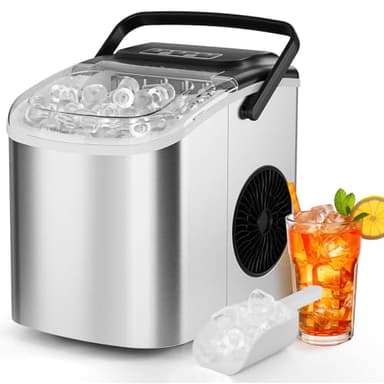 Macchina Ghiaccio, 12 kg/24h, 9 Cubetti di Ghiaccio in 6 Minuti, 2 Dimensioni di Ghiaccio, Silenzioso, Macchina del Ghiaccio con Maniglia, Macchina per il Ghiaccio Autopulente per Cucina/Ufficio/Bar