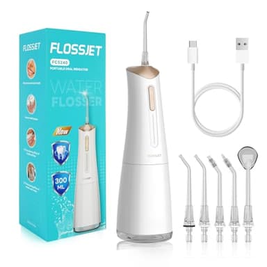 FlossJet Idropulsore Dentale Portatile Irrigatore Orale Professionale 4 Modalità e Capacità 300ML Elettrico Water Flosser Pulizia Denti Tartaro Ricaricabile Impermeabile IPX7 per Viaggi a Casa Bianco