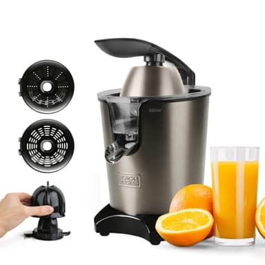Black+Decker BXCJ350E - Spremiagrumi Elettrico con Leva 350W, Motore AC, Filtro Extra Regolatore della Polpa, 2 Coni di Dimensioni Diverse, Contenitore da 650 ml, Nero Grigio