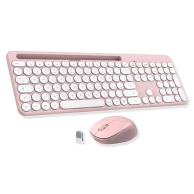 LeadsaiL Set Tastiera e Mouse Wireless, Italiano QWERTY 2.4GHz Full-Size Tastiera e Mouse Senza Fili con Supporto per Telefono e Tablet, Ergonomica, Tastierino Numerico per Computer, PC, Laptop-Rosa