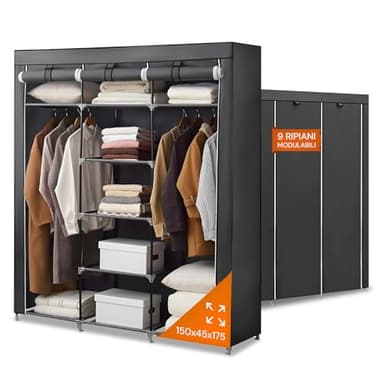 Avilia Armadio Portaoggetti con Telo di Copertura Zip - 9 Ripiani, 150x45x175 cm - Design Salvaspazio per Casa, Ideale per Camera, Soggiorno e Bagno - Facile da Montare, Capacità 5 kg a Ripiano