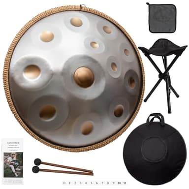 LOMUTY - Handpan/tamburo a lingue in acciaio, 12 toni, 56 cm, con custodia morbida, percussioni armoniche per guarigione attraverso il suono, meditazione personale, yoga (argento)