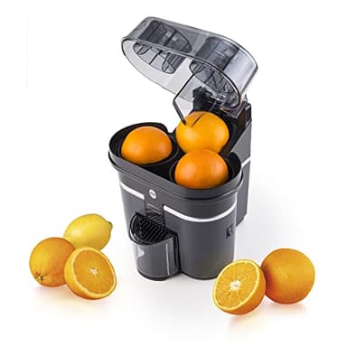 MACOM 853A Spremiagrumi elettrico che permette di preparare spremute in pochi secondi. dotato di sistema taglia e spremi, 90 W, 46 Decibel, Plastica, Nero/Argento