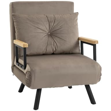 HOMCOM Divano Letto con Schienale Regolabile in 5 Livelli, Divano Letto Pieghevole con Cuscini per Soggiorno, in Tessuto Imbottito, Acciaio e Legno, 63x73x81 cm, Marrone chiaro